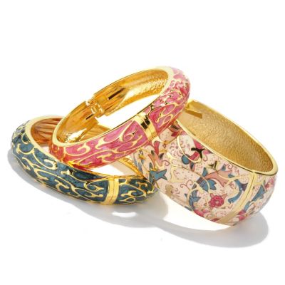 119-704 - Set of Three Hand-Painted Champleve Hinged Bangle Bracelets