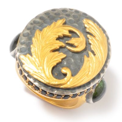 SS/24KV TWO-TONE RING FEATHER MOTIF MEDALLION w/TOURM SIDES & GEM BORDER