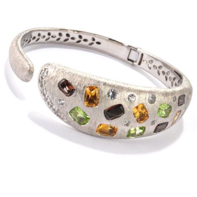 SS/P BRAC MULTI CUSHION GEM & WHT SAPH HINGED BANGLE