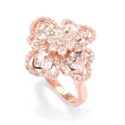 120-057 - Diamond Treasures 14K Rose Gold 1.22ctw Round & Baguette Diamond Flower Ring