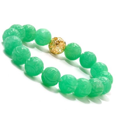 SS/P CARVED GREEN JADE & BEAD STRETCH BRACELET