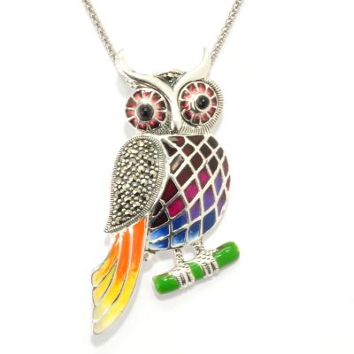 SS ENAMEL AND MARCASITE OWL PENDANT W/18" CHAIN