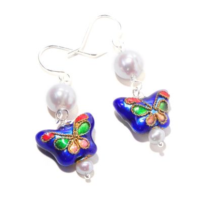 BUTTERFLY CLOISIONNE & WHITE FWP EARRINGS