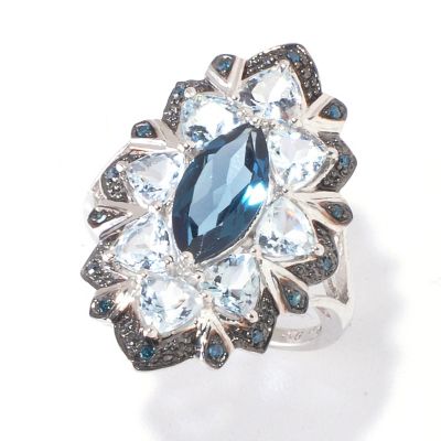 SS LONDON BLUE TOPAZ, AQUA, AND BLUE DIAMOND RING