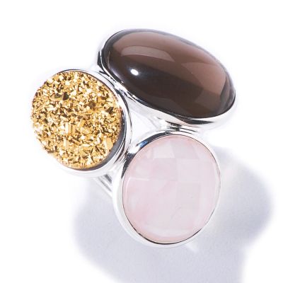 SEMPRESILVER[TM] SS FACETED ROSE QTZ-SMOKY QTZ-GOLD DRUSY RING
