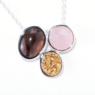 SEMPRESILVER[TM] SS FACETED ROSE QTZ-SMOKY QTZ-GOLD DRUSY PENDANT