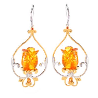SS/PALL/18KGP EAR BALTIC AMBER CARVED TULIP & GEMSTONE DROP