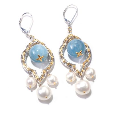 SS/PALL/18KGP EAR AQUA BEAD w/ WHITE CULTURED PEARL & BLUE ZIRCON DROP