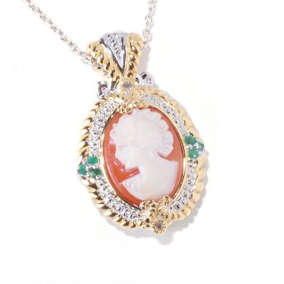 SS/PALL/18KGP PEND ITALIAN HAND-CARVED PORTRAIT CAMEO&ZAMBIAN EMERALD w/ CHAIN