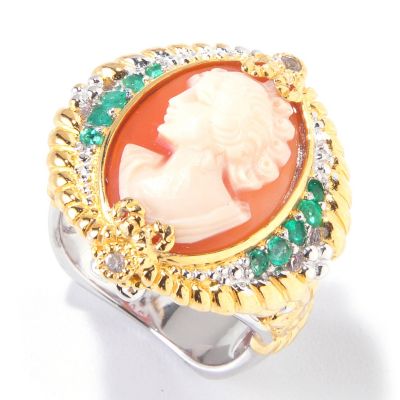 SS/PALL/18KGP RING ITALIAN HAND-CARVED PORTRAIT CAMEO & ZAMBIAN EMERALD