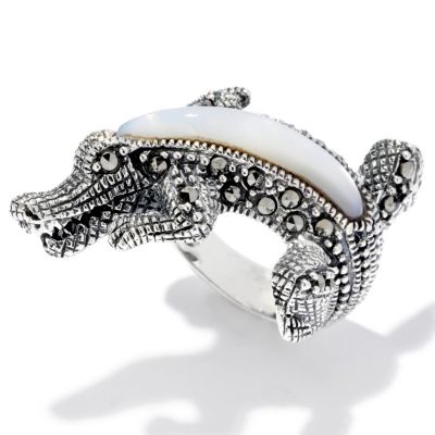 SS MARCASITE ALLIGATOR RING WITH MOTHER OF PEARL