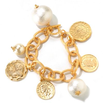 GOLDTONE 7.75" COTTON PEARL MEDALLION DISC BRACELET