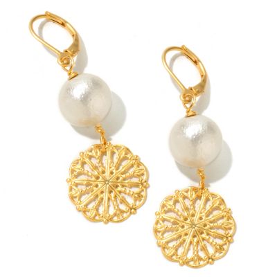 GOLDTONE COTTON PEARL FILAGREE DISC DANGLE EARRINGS