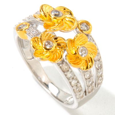SS/P TWO-TONE RING WHITE ZIRCON MULTI-FLOWER BAND