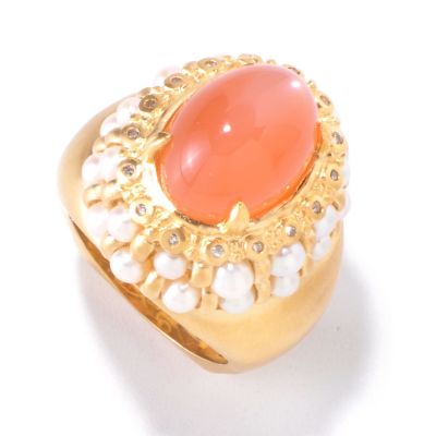 120-707 - Dallas Prince Designs 14 x 10mm Peach Moonstone, Freshwater Cultured Pearl & Diamond Ring
