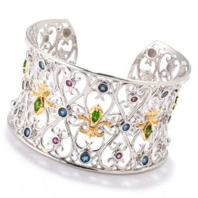 SS MULTI GEMSTONE FDL HEART & CUFF BANGLE