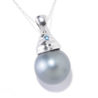 14K WG 15-16MM NEAR ROUND TAHITIAN & BLUE DIAMOND PENDANT W/CHAIN