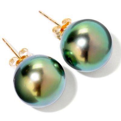 120-750 - 14K Gold 11-12mm Green Tahitian Cultured Pearl Stud Earrings 