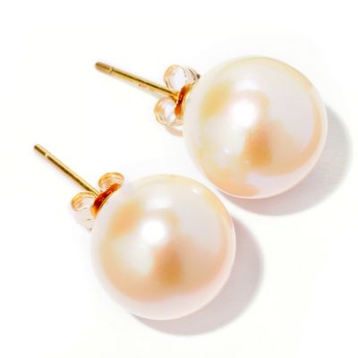 14K YG 11-12MM PERFECT ROUND WHITE FWP STUD EARRINGS