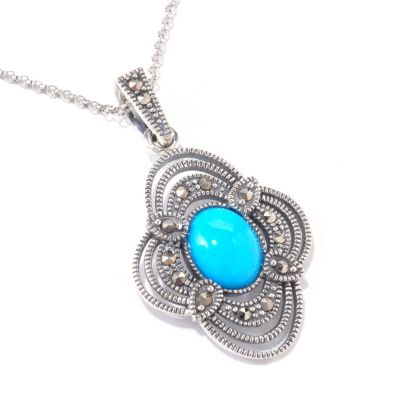 120-782 - Gem Insider Sterling Silver 11 x 9mm Sleeping Beauty Turquoise & Marcasite Pendant