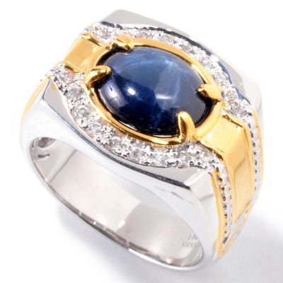 MEN'S - SS/PALL/18KGP RING BLUE STAR SAPPHIRE & WHT SAPH