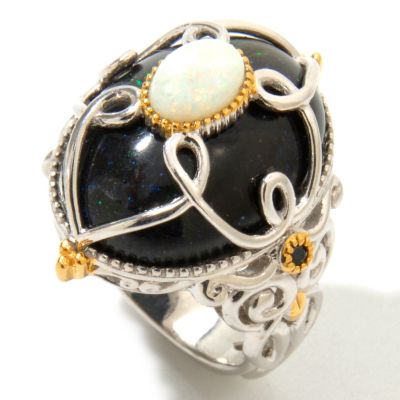 SS/PALL/18KGP RING PINFIRE BLAK OPAL & WHT OPAL OVERALY w/ BLUE SAPH