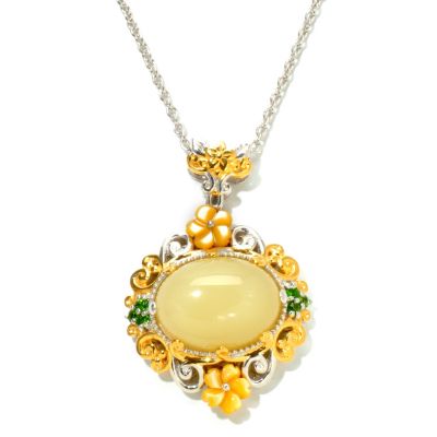 SS/PALL/18KGP PEND YELLOW OPAL w/ CARVED YELLOW SHELL FLOWERS & CHROME DIOP
