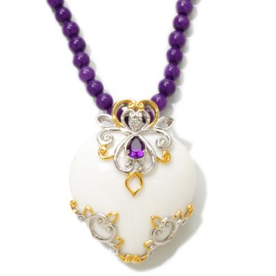 120-857 - Gems en Vogue II 34mm White Agate & Multi Gem Pendant w/ 18" Dyed Purple Jade Bead Strand