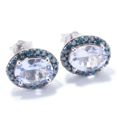 14 WG OVAL BLUE MORGANITE WITH BLUE DIAMOND EARRING STUDS