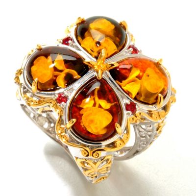 SS/PALL/18KGP RING CARVED AMBER INTAGLIO CLOVER