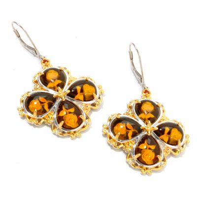120-942 - Gems en Vogue II 10 x 8mm Carved Amber Intaglio & Orange Sapphire Clover Earrings