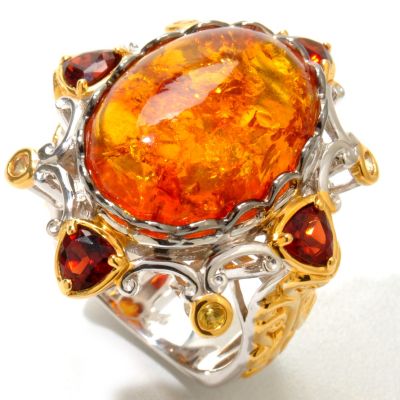 SS/PALL/18KGP RING BALTIC AMBER w/ GARNET & YELLOW SAPPHIRE