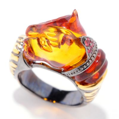 SS/PALL RING CARVED AMBER PANTHER BAND w/ ORG SAPH