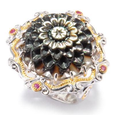 SS/PALL/18KGP RING CARVED MOTHER-OF-PEARL w/ RHODOLITE & PINK SAPH