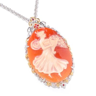 120-971 - Gems en Vogue II Italian Carved Shell Cameo & Orange Sapphire Pendant w/ Chain 