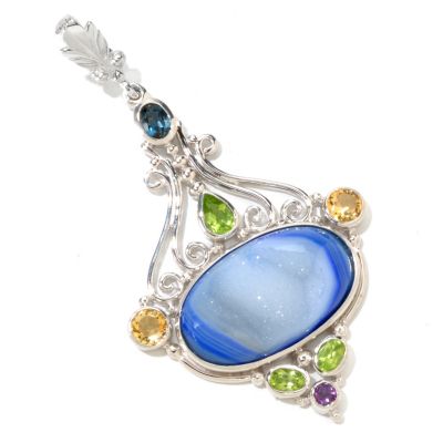 SS OVAL ELECTRIC BLUE DRUSY AND GEMSTONE PENDANT