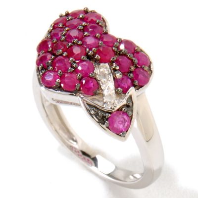 SS/P & BLK RHOD RING PAVE RUBY HEART & ARROW