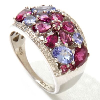 SS/PLAT RING RHODOLITE & TANZANITE w/ DIAMOND ACCENT FLOWER BAND
