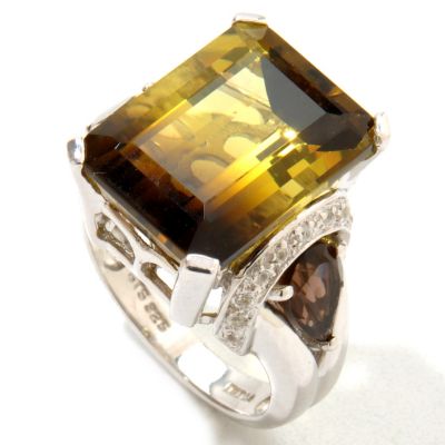 SS/P RING SMOKETRINE w/ SMKY QTZ PEARS & WHT ZIRCON