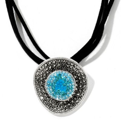 SS PAVE SHADES OF BLUE CRYSTAL AND MARCASITE PEND WITH 3 STRAND BLK SUEDE CORD