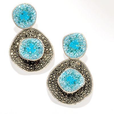 SS PAVE SHADES OF BLUE CRYSTAL AND MARCASITE EARRINGS