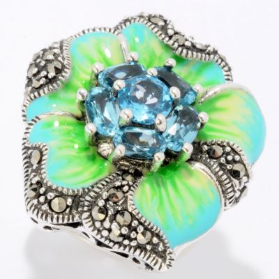 SS MARCASITE FLOWER WITH BLUE-GREEN ENAMEL