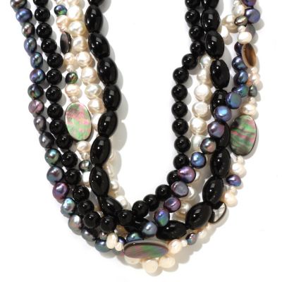 14K YG 19.5" FWP, BLACK ONYX & MOP FIVE STRAND NECKLACE W/TOGGLE CLASP