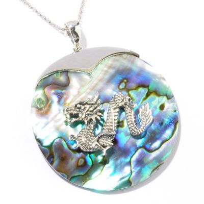 121-399 - Gem Insider Sterling Silver 50mm Abalone Dragon Pendant w/ 18'' Chain