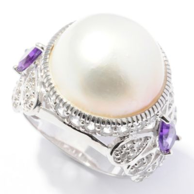 SS WHITE MABE PEARL, AFRICAN AMY & WHITE TOPAZ RING