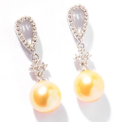 SS 9-10mm GOLDEN SOUTH SEA & WHITE TOPAZ EARRINGS