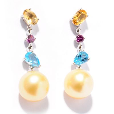 121-491 - Sterling Silver 10-11mm Golden South Sea Pearl & Multi Gemstone Drop Earrings