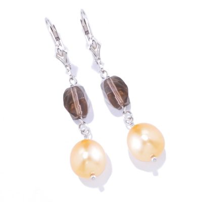 SS 9-10mm GOLDEN SOUTH SEA PEARL & SMOKY QTZ DANGLE LEVERBACK EARRINGS