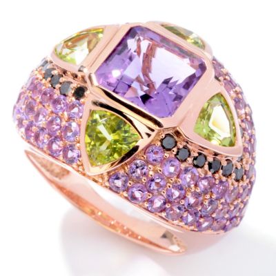 14K RG ASSCHER AMY, PERIDOT AND BLK DIAMOND RING