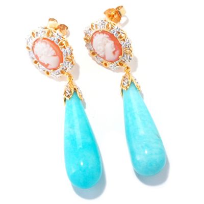 121-566 - Gems en Vogue II Hand Carved Shell Cameo & 30 x 10mm Blue Amazonite Earrings